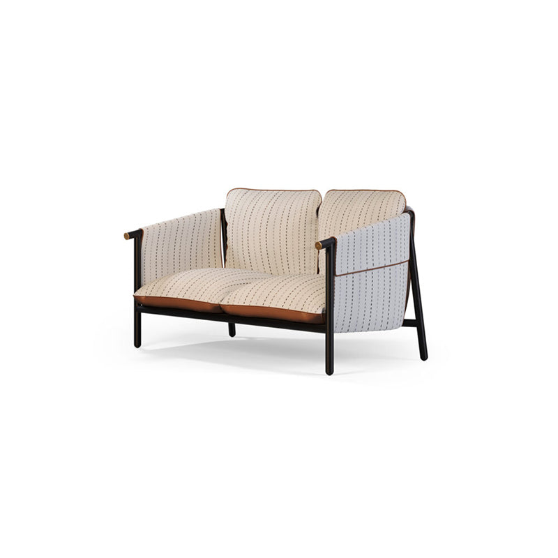The image shows a modern, two-seat sofa with a sleek, wooden frame and comfortable upholstered seats. The sofa has a minimalist, mid-century inspired design, featuring a slightly angled backrest and armrests. The seats are covered in a neutral-toned fabric with a subtle pinstriped pattern, creating a stylish and sophisticated look. This piece of furniture would make a great addition to a contemporary living room or lounge area, offering both style and comfort.