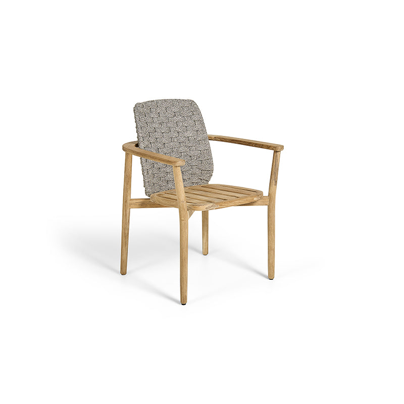 A wooden outdoor chair with a patterned grey cushioned backrest, featuring a simple yet stylish design.