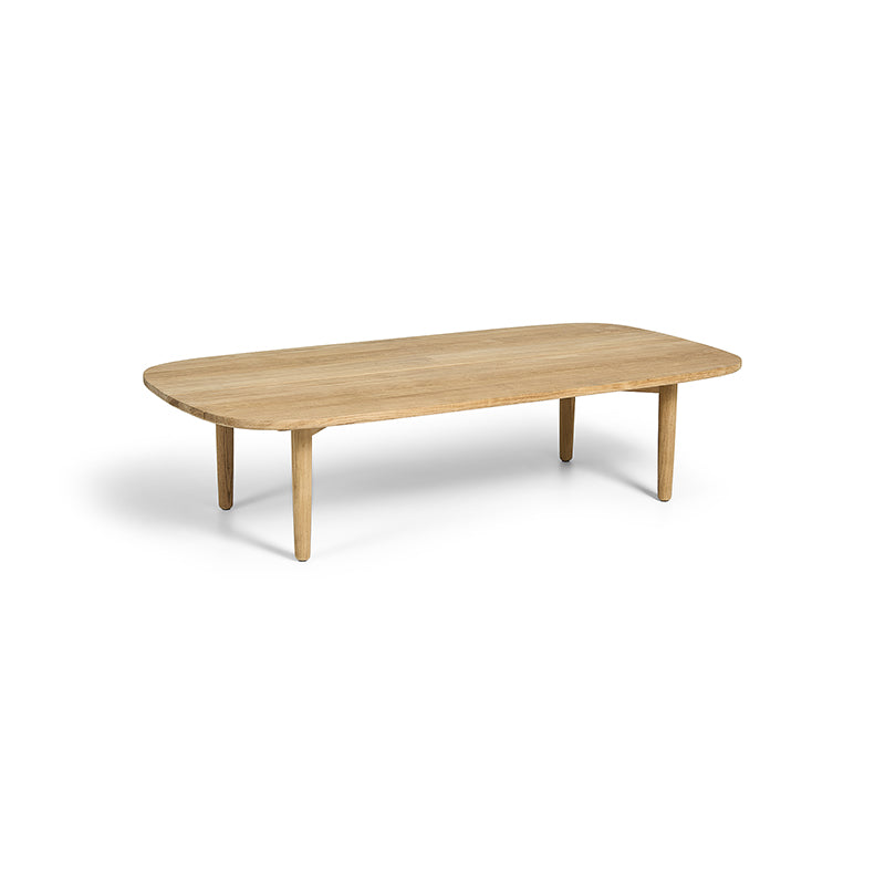 A natural-looking wooden coffee table with an oval-shaped tabletop and four tapered legs, exuding a minimalist and modern design aesthetic.