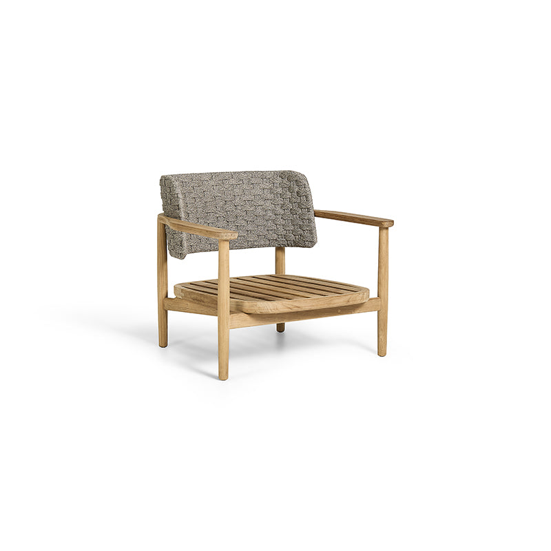 A minimalist, wooden outdoor chair with a patterned grey cushioned backrest and a slatted seat, offering a simple yet elegant design.