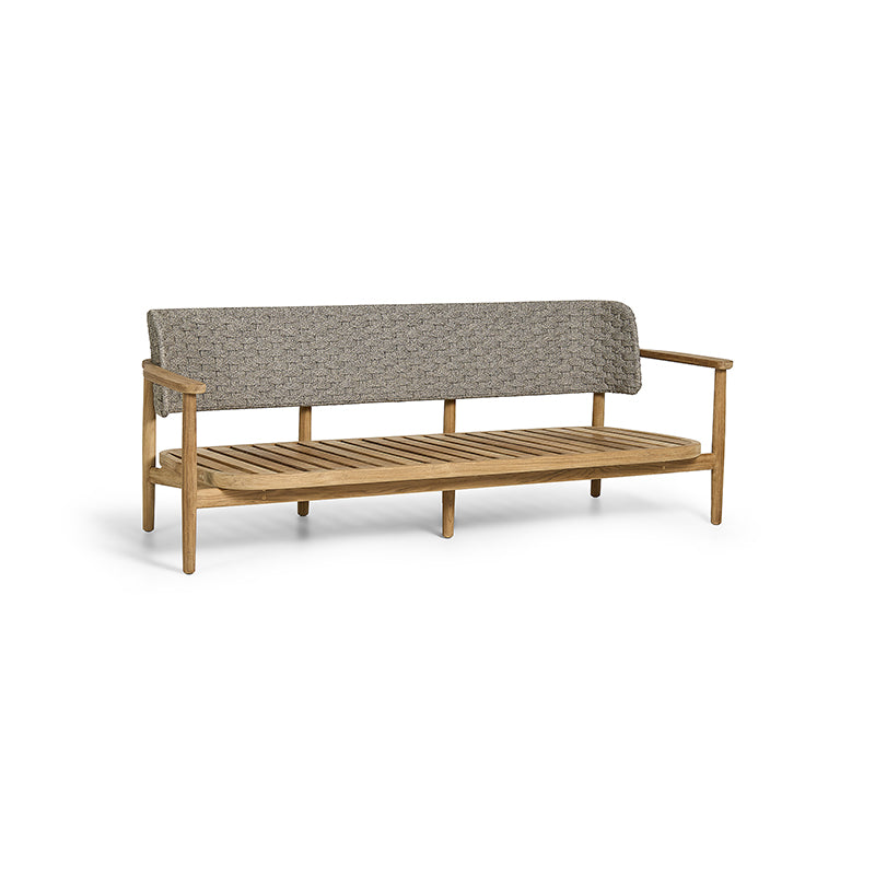 A wooden outdoor bench with a slatted seat and a gray textured backrest, offering a simple yet stylish piece of furniture for relaxation or seating.
