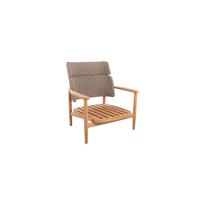 A wooden outdoor chair with a patterned gray cushioned backrest and a slatted wooden seat, offering a simple yet stylish design for relaxation.