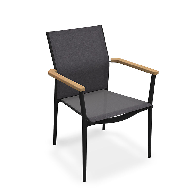 A modern, minimalist outdoor chair with a black, rectangular backrest and a light-colored, wooden armrests, set against a plain white background.