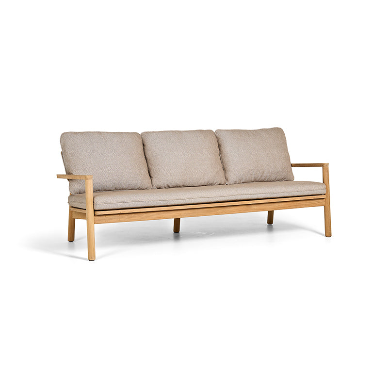 This image depicts a contemporary, 3-seater outdoor sofa with a natural wood frame and beige upholstered cushions, creating a comfortable and stylish seating option for an outdoor living space. The clean, minimalist design of this Outdoor Furniture piece would complement a variety of garden or patio settings.