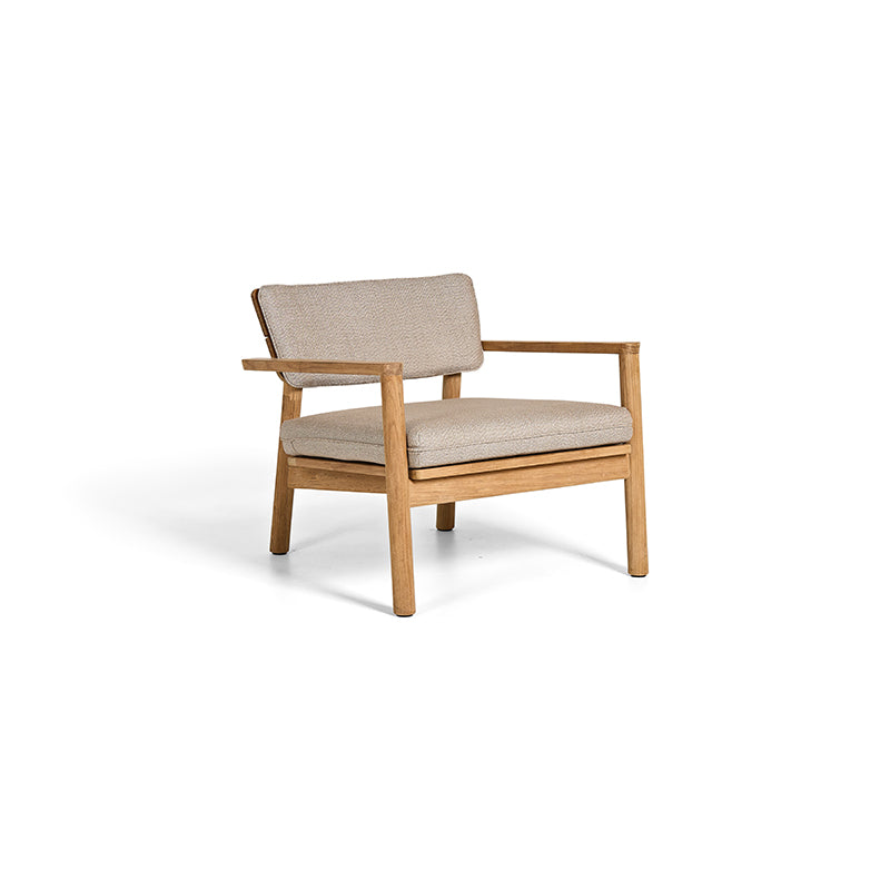 Elegant outdoor armchair with a natural wood frame and beige upholstered cushions, offering a comfortable and stylish seating option for outdoor living spaces.