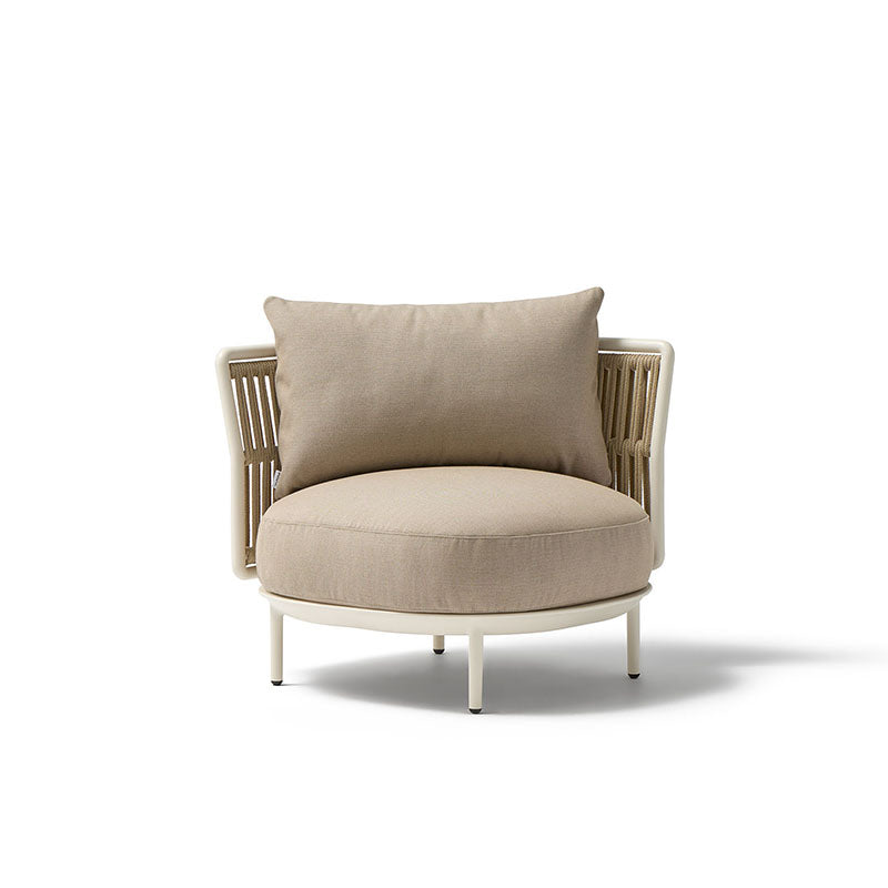 Sleek and modern outdoor lounge chair with a neutral-toned upholstered seat and back, complemented by a minimalist metal frame design that adds a stylish and sophisticated touch to any outdoor living space.