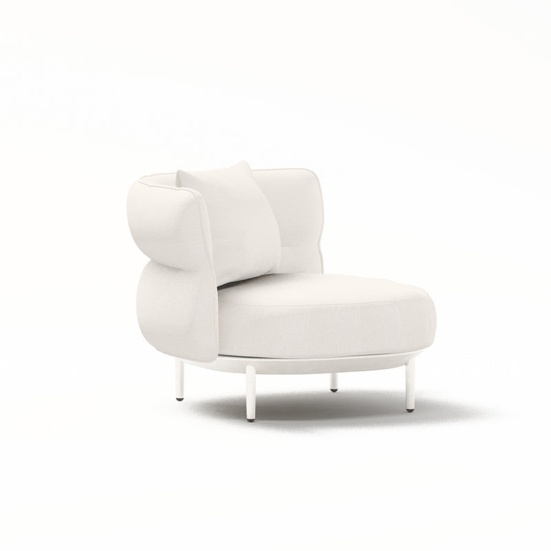 Elegant white upholstered outdoor lounge chair with a modern, minimalist design featuring clean lines and a sturdy metal frame, perfect for creating a cozy and stylish ambiance in any outdoor living space.