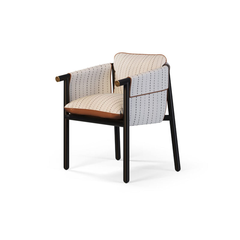 The image shows a modern, stylish dining chair with a unique and eye-catching design. The chair features a black wooden frame with a comfortable, upholstered seat and backrest. The upholstery has a subtly textured, pin-striped pattern in neutral tones, adding a touch of sophistication to the piece. The chair's curved backrest and armrests provide a ergonomic and supportive seating experience. This dining chair would make a great addition to a contemporary dining room or kitchen, blending form and function s