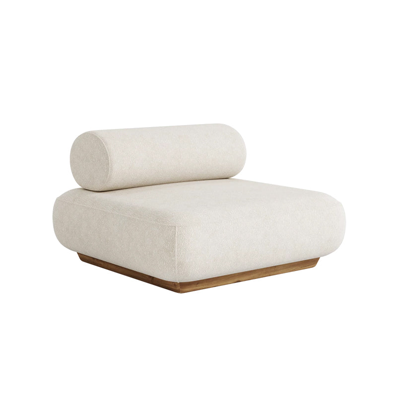 Stylish and comfortable white upholstered outdoor lounge chair with a wooden base, designed for relaxation in an outdoor setting.