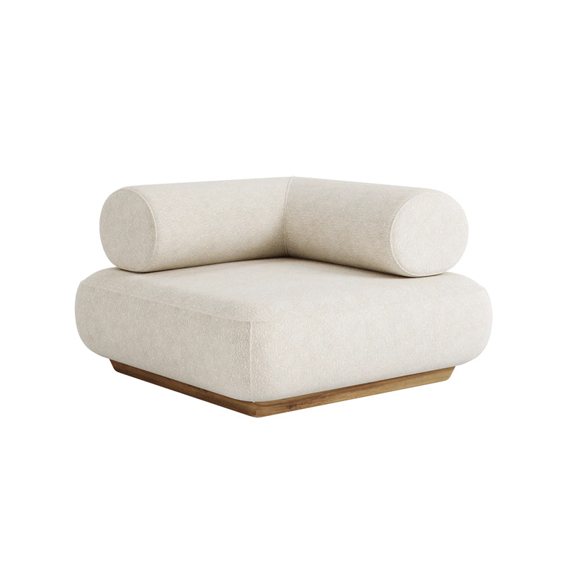 This image shows a modern, minimalist daybed or lounge chair with a plush, cream-colored upholstered seat and back, and a wooden frame in a warm, natural tone. The simple, elegant design creates a comfortable and inviting piece of furniture.