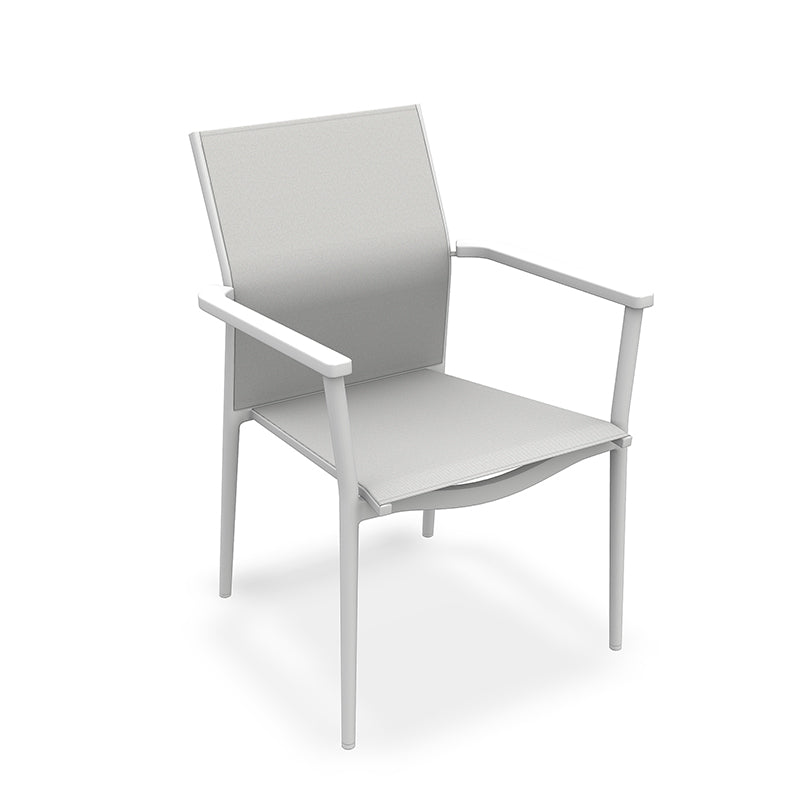 A modern, minimalist chair with a sleek, light gray frame and a flat, rectangular seat and backrest.