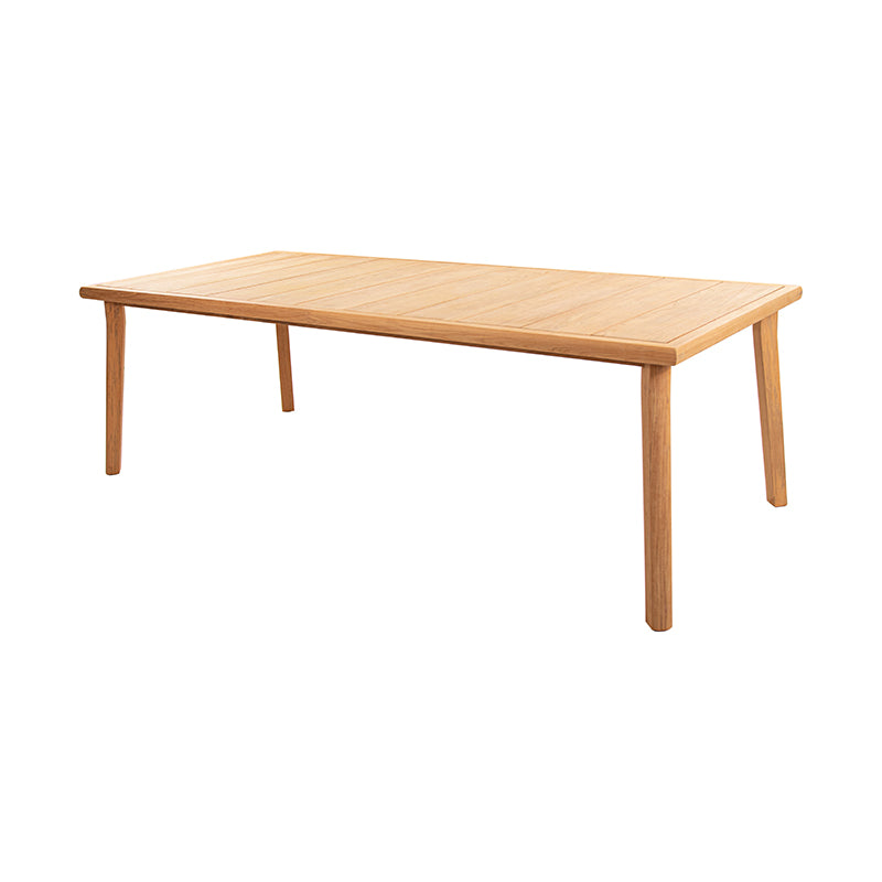 This image depicts a rectangular outdoor dining table with a natural wood top and minimalist design, suitable for alfresco dining and entertaining. The simple, clean lines of the table showcase the beauty of the wood material, creating a visually appealing and functional Outdoor Furniture piece.