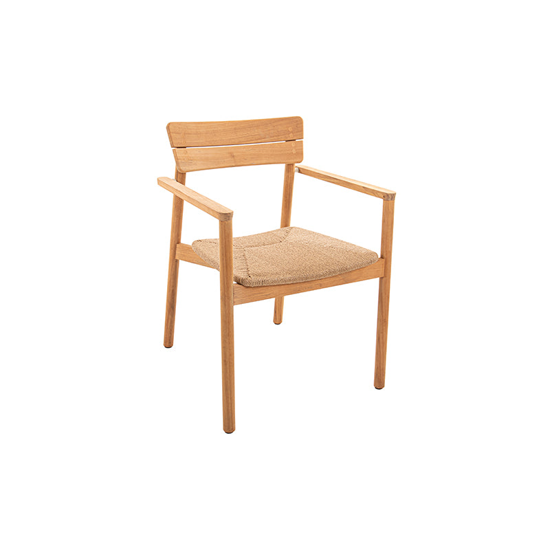 Wooden armchair with a tan, cushioned seat, suitable for use as outdoor furniture, featuring a simple, modern design with clean lines and a natural wood finish, providing a comfortable and stylish seating option for outdoor living spaces.