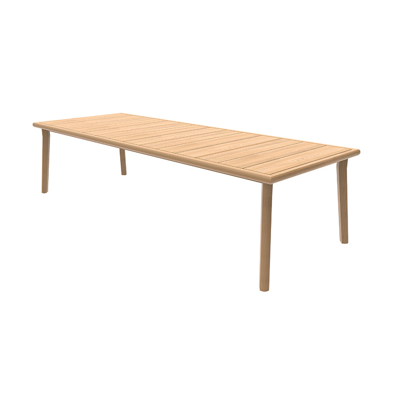 Rectangular outdoor dining table with a natural wood top and minimalist metal frame, suitable for alfresco dining and entertaining. The simple, clean design allows the natural beauty of the wood to shine, creating an inviting and visually appealing piece of outdoor furniture.