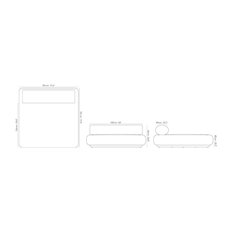 This image provides detailed technical drawings or dimensions for a piece of furniture, likely a daybed or chaise lounge. The drawings show the measurements and proportions of the item from multiple angles, allowing for a full understanding of its size and design.