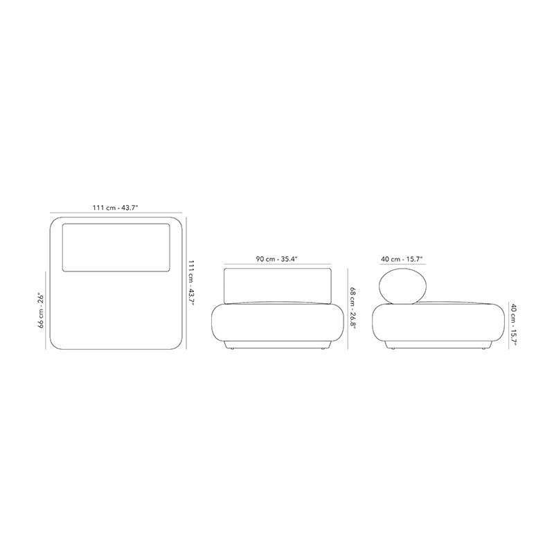 Technical drawing depicting the dimensions of a modular outdoor furniture set, showcasing the customizable design and measurements for efficient patio layout planning.