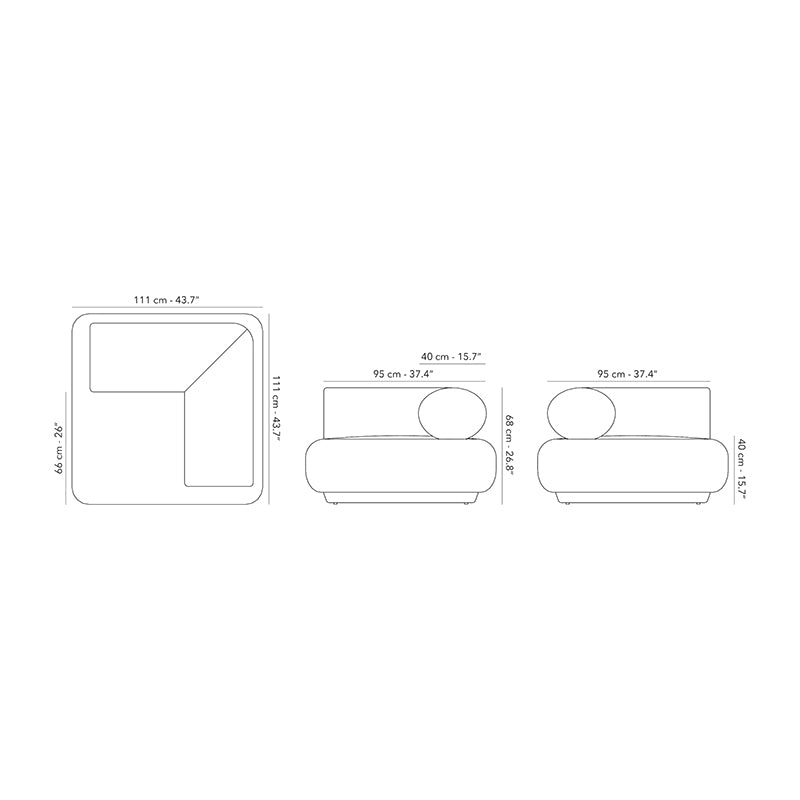 Technical diagram of modular outdoor sofa system with dimensions, showcasing versatile design for customized patio furniture layout.